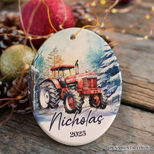 Load image into Gallery viewer, Vintage Tractor Personalized Ornament, Pristine Snowy Serenity Christmas Gift With Custom Name and Date