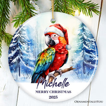 Carregar imagem no visualizador da galeria, Macaw Parrot with Santa Hat Personalized Ornament, Winter Forest Christmas Gift With Custom Name and Date