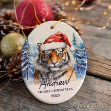 Carregar imagem no visualizador da galeria, Tiger with Santa Hat Personalized Ornament, Winter Forest Christmas Gift With Custom Name and Date