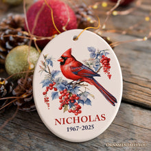 Carregar imagem no visualizador da galeria, Personalized Cardinal Ornament, Winter Wonderland Christmas Gift With Custom Name and Date