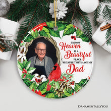 Load image into Gallery viewer, Deceased Family Wreath Portrait Personalized Ornament, Heaven is a Beautiful Place Quote with Cardinal Art