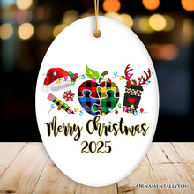Carregar imagem no visualizador da galeria, Personalized Autism Teacher Buffalo Plaid Leopard Merry Christmas Ornament, Thank You Gift