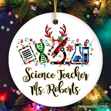 Carregar imagem no visualizador da galeria, Personalized Science Plaid Christmas Ornament, Gift for Scientist or Researcher, Lab Tools like Flasks and Microscope