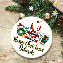 Carregar imagem no visualizador da galeria, Personalized Photographer Buffalo Plaid Christmas Ornament, Photography Accessories like Camera, Holiday Gift