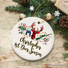 Carregar imagem no visualizador da galeria, Personalized Buffalo Plaid Hunting Theme Christmas Ornament, Hunter Gift, Red and Green Deer and Gun