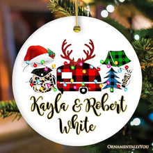 Carregar imagem no visualizador da galeria, Personalized Camp Buffalo Plaid Leopard Merry Christmas Ornament, Camping Friends Gift