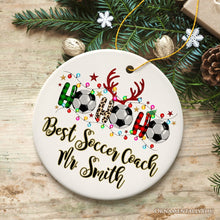 Carregar imagem no visualizador da galeria, Personalized Soccer Buffalo Plaid and Leopard Christmas Ornament, Ho Ho Ho Football Gift