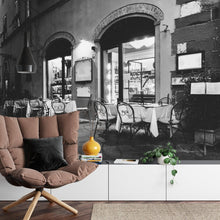 Carregar imagem no visualizador da galeria, Black and White European Café Street Diner Wallpaper Mural. #FT-207-VE90