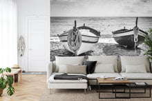 Carregar imagem no visualizador da galeria, Black and White Nautical Theme Wallpaper Mural. Boat on Shore Wall Mural. #FT-380