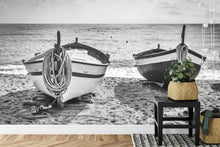 Carregar imagem no visualizador da galeria, Black and White Nautical Theme Wallpaper Mural. Boat on Shore Wall Mural. #FT-380