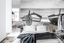 Carregar imagem no visualizador da galeria, Black and White Nautical Theme Wallpaper Mural. Boat on Shore Wall Mural. #FT-380