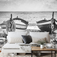 Carregar imagem no visualizador da galeria, Black and White Nautical Theme Wallpaper Mural. Boat on Shore Wall Mural. #FT-380