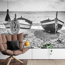Carregar imagem no visualizador da galeria, Black and White Nautical Theme Wallpaper Mural. Boat on Shore Wall Mural. #FT-380