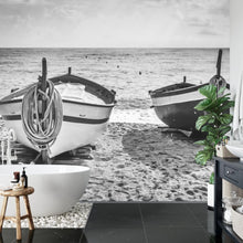 Carregar imagem no visualizador da galeria, Black and White Nautical Theme Wallpaper Mural. Boat on Shore Wall Mural. #FT-380