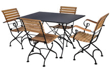 Cargar imagen en el visor de la galería, Five Piece Dining Set with 32 x 48" Steel Top Table and Two/Two Natural African Teak Slat Side/Arm Chairs