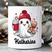 Cargar imagen en el visor de la galería, Cute Ghost Christmas Personalized Mug, Adorable Gingerbread and Cocoa Holiday Gift with Custom Name