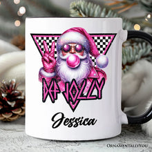 Carregar imagem no visualizador da galeria, Pink Santa Blowing Bubblegum Personalized Mug, Def Jolly Coquette Retro Christmas Gift with Custom Name