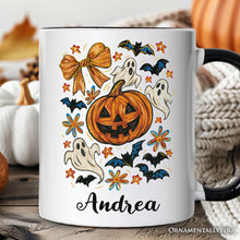 Carregar imagem no visualizador da galeria, Pumpkin Ghosts Coquette Bow Personalized Mug, Retro Fall Spooky Gift with Custom Name