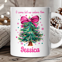 Carregar imagem no visualizador da galeria, Glitter Christmas Tree Coquette Bow Personalized Mug, O Come Let Us Adore Him Holiday Gift with Custom Name
