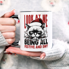 Carregar imagem no visualizador da galeria, Grumpy Christmas Cat Personalized Mug, Funny Santa Hat Holiday Lights Gift for Sarcastic Festive People with Custom Name