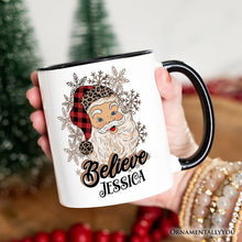Load image into Gallery viewer, Believe Santa Buffalo Plaid Personalized Mug, Retro Christmas Gift with Custom Name