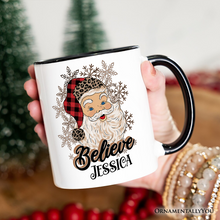 Load image into Gallery viewer, Believe Santa Buffalo Plaid Personalized Mug, Retro Christmas Gift with Custom Name