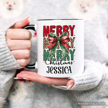 Load image into Gallery viewer, Coquette Merry Christmas Bow Personalized Mug, Festive Leopard Holiday Gift with Custom Name