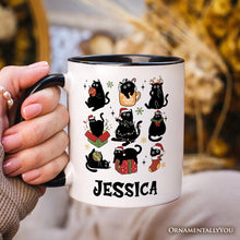 Cargar imagen en el visor de la galería, Christmas Black Cats Personalized Mug, Whimsical Cats with Santa Hat Gift with Custom Name