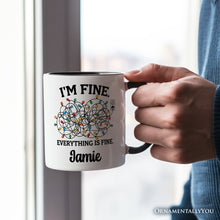 Carregar imagem no visualizador da galeria, I’m Fine Christmas Lights Personalized Mug, Funny Holiday Humor Gift for Stressed Festive People with Custom Name