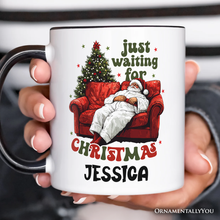 Carregar imagem no visualizador da galeria, Funny Fat Santa Couch Personalized Mug, Just Waiting for Christmas Gift with Custom Name
