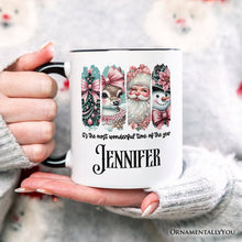 Load image into Gallery viewer, Coquette Pink Christmas Personalized Mug, It's The Most Wonderful Time Of The Year Vintage Gift with Custom Name