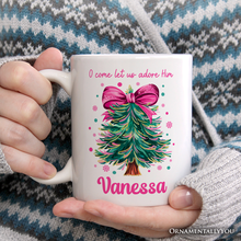Carregar imagem no visualizador da galeria, Glitter Christmas Tree Coquette Bow Personalized Mug, O Come Let Us Adore Him Holiday Gift with Custom Name