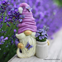 Load image into Gallery viewer, Garden Grace Lavender Gnome Figurine, 10" Purple Home Decor Statue with Butterflies and Flowers