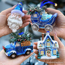 Carregar imagem no visualizador da galeria, A Marvelous Blue Christmas Set of Four Glass Ornaments with Santa, Truck, Snow Cabin and Sleigh