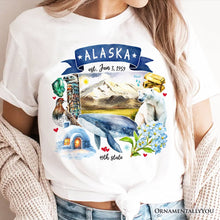 Load image into Gallery viewer, Artistic Alaska State Themes and Landmarks T-Shirt, Tee for History and Travel Lovers