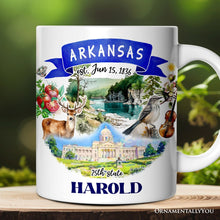 Load image into Gallery viewer, Artistic Arkansas State Themes and Landmarks Personalized Mug With Custom Name