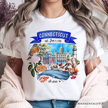 Load image into Gallery viewer, Artistic Connecticut State Themes and Landmarks T-Shirt, Tee for History and Travel Lovers