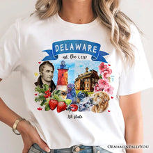 Load image into Gallery viewer, Artistic Delaware State Themes and Landmarks T-Shirt, Tee for History and Travel Lovers