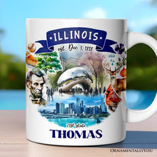Load image into Gallery viewer, Artistic Illinois State Themes and Landmarks Personalized Mug With Custom Name