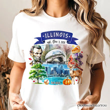 Load image into Gallery viewer, Artistic Illinois State Themes and Landmarks T-Shirt, Tee for History and Travel Lovers