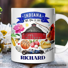 Load image into Gallery viewer, Artistic Indiana State Themes and Landmarks Personalized Mug With Custom Name