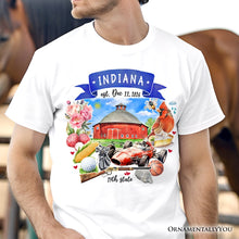Load image into Gallery viewer, Artistic Indiana State Themes and Landmarks T-Shirt, Tee for History and Travel Lovers
