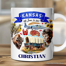 Load image into Gallery viewer, Artistic Kansas State Themes and Landmarks Personalized Mug With Custom Name