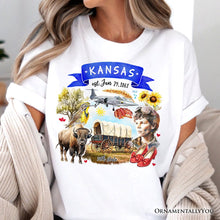 Load image into Gallery viewer, Artistic Kansas State Themes and Landmarks T-Shirt, Tee for History and Travel Lovers