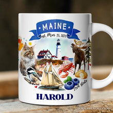 Load image into Gallery viewer, Artistic Maine State Themes and Landmarks Personalized Mug With Custom Name