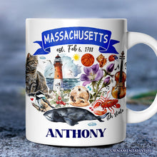 Load image into Gallery viewer, Artistic Massachusetts State Themes and Landmarks Personalized Mug With Custom Name