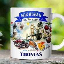 Load image into Gallery viewer, Artistic Michigan State Themes and Landmarks Personalized Mug With Custom Name