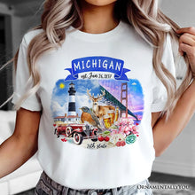 Carregar imagem no visualizador da galeria, Artistic Michigan State Themes and Landmarks T-Shirt, Tee for History and Travel Lovers