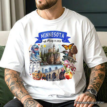 Load image into Gallery viewer, Artistic Minnesota State Themes and Landmarks T-Shirt, Tee for History and Travel Lovers