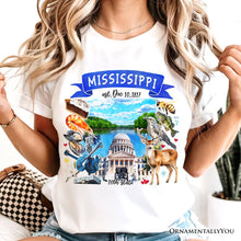 Load image into Gallery viewer, Artistic Mississippi State Themes and Landmarks T-Shirt, Tee for History and Travel Lovers